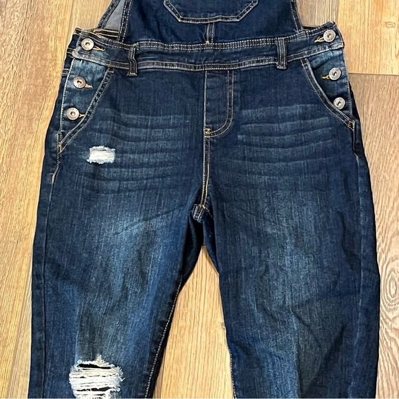 TRUE CRAFT Bib Overalls Womens Size 3 Blue Denim Gradient Wash Distressed Skinny - Picture 3 of 16